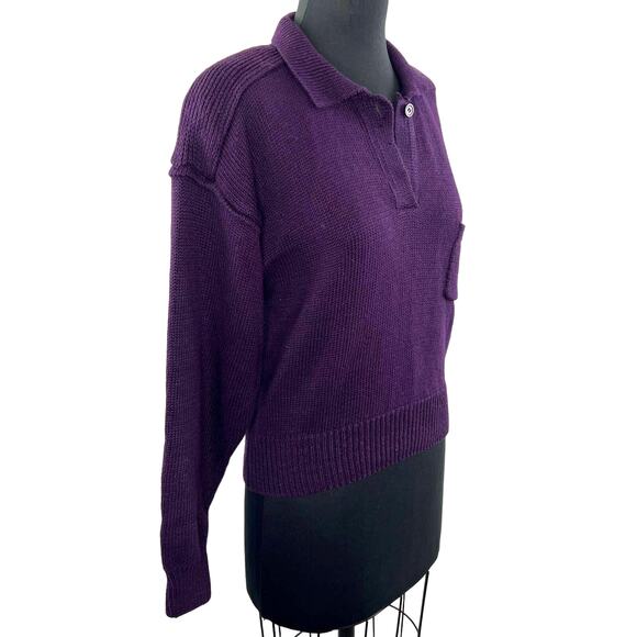 VINTAGE 80s GAP Purple Long Sleeve Split Neck Collared Pocket Sweater S NEW - Picture 2 of 4